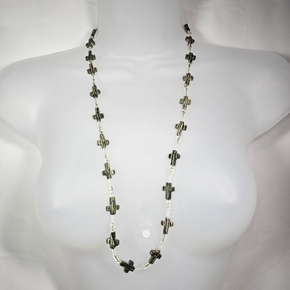 Vintage Green Zebra Jasper Stone Cross Necklace Seed Bead Religious 28"